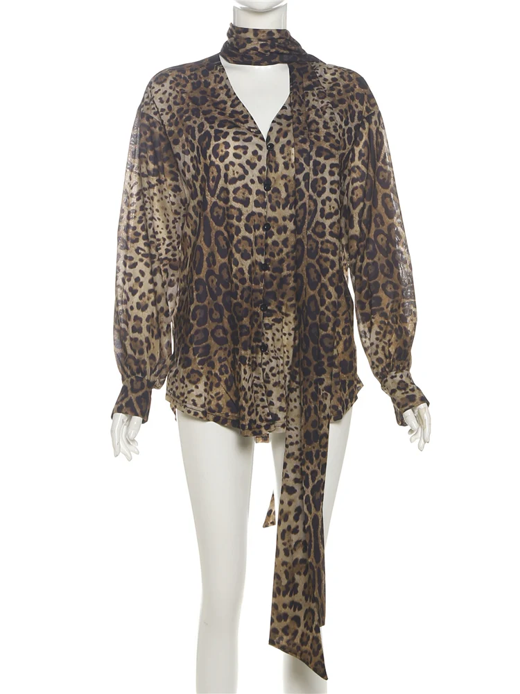Nibber Lace-Up  Sexy Leopard Chiffon Shirt Women Halter Ribbon Deep Neck Long Sleeve Elegant Commute Hottie Midnight Clubwear