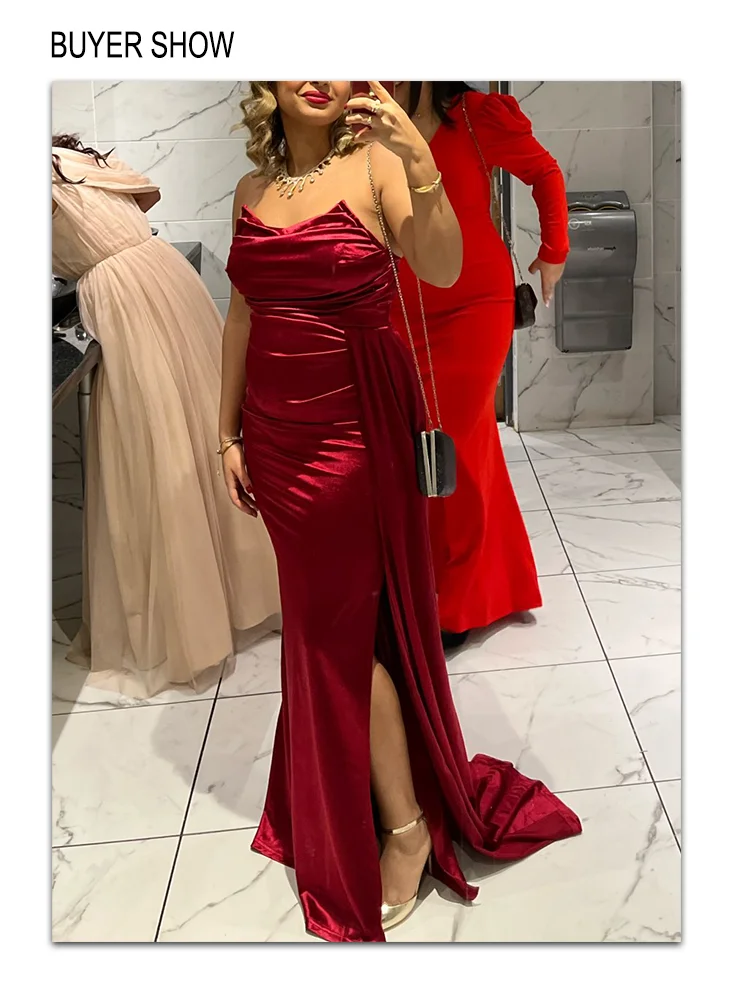 Romagic Burgundy Stretch Satin Wedding Party Bridesmaids Prom Gown Strapless Padded Backless Split Ribbon Women Evening Dress
