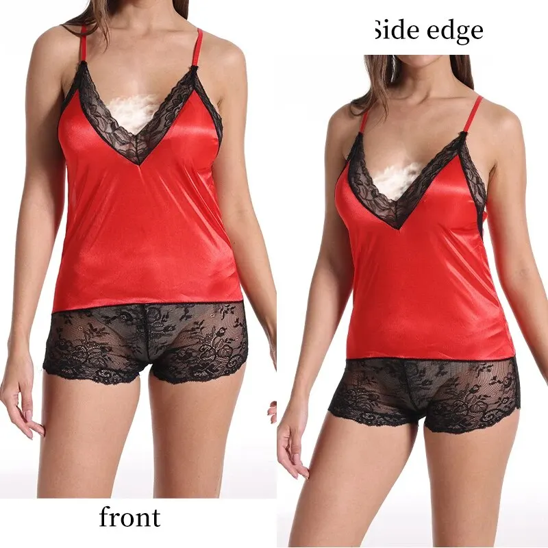 Summer Women's Sexy Low Cut V-Neck Lace Jumpsuit Women's Camisole V-Neck Lace Patchwork Shorts Pajamas