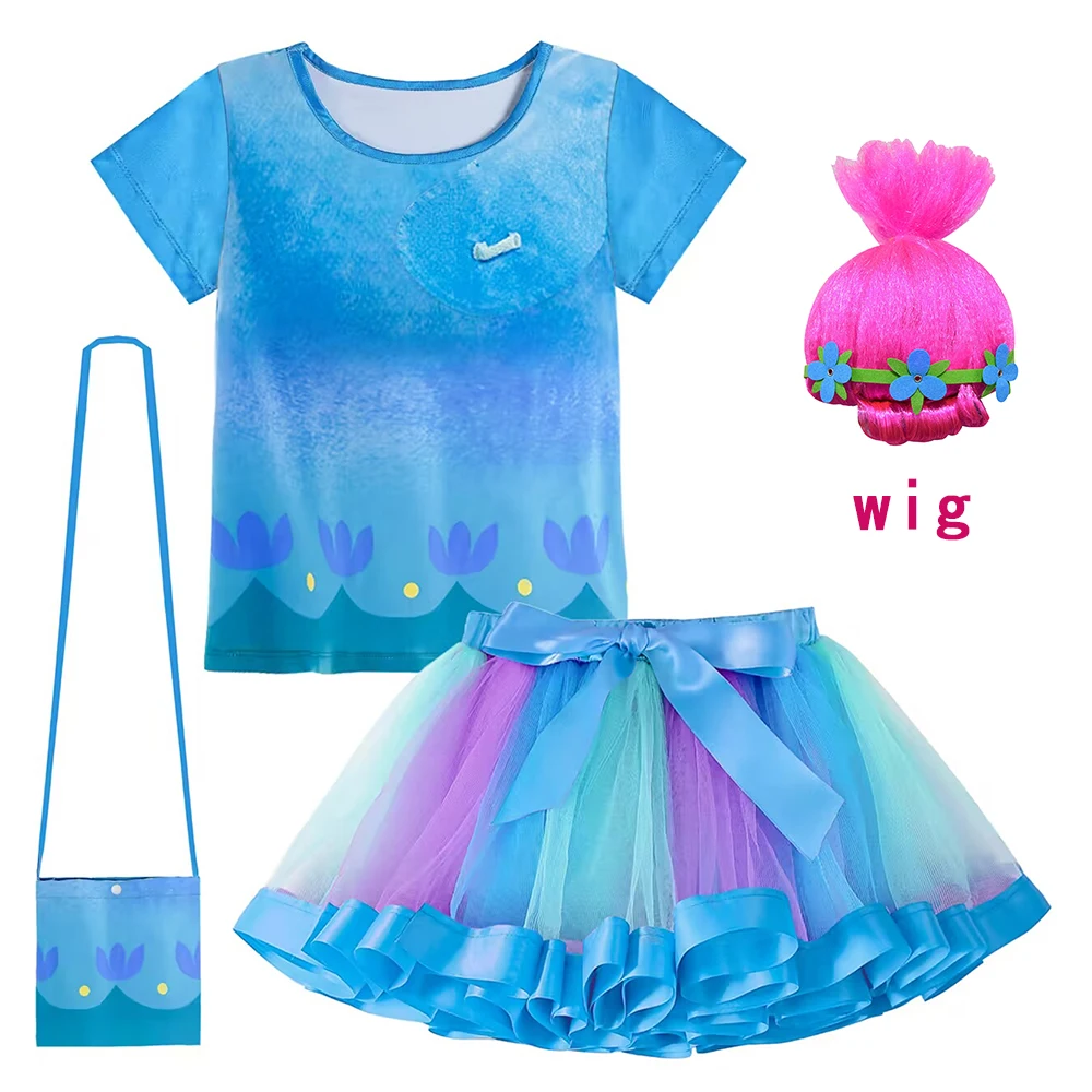 

Girls T-shirt+Skirt+Bag Set Poppy Cosplay Costumes Toddler Girls Halloween Fairy Princess Dresses Birthday Carnival 3Pcs Suits