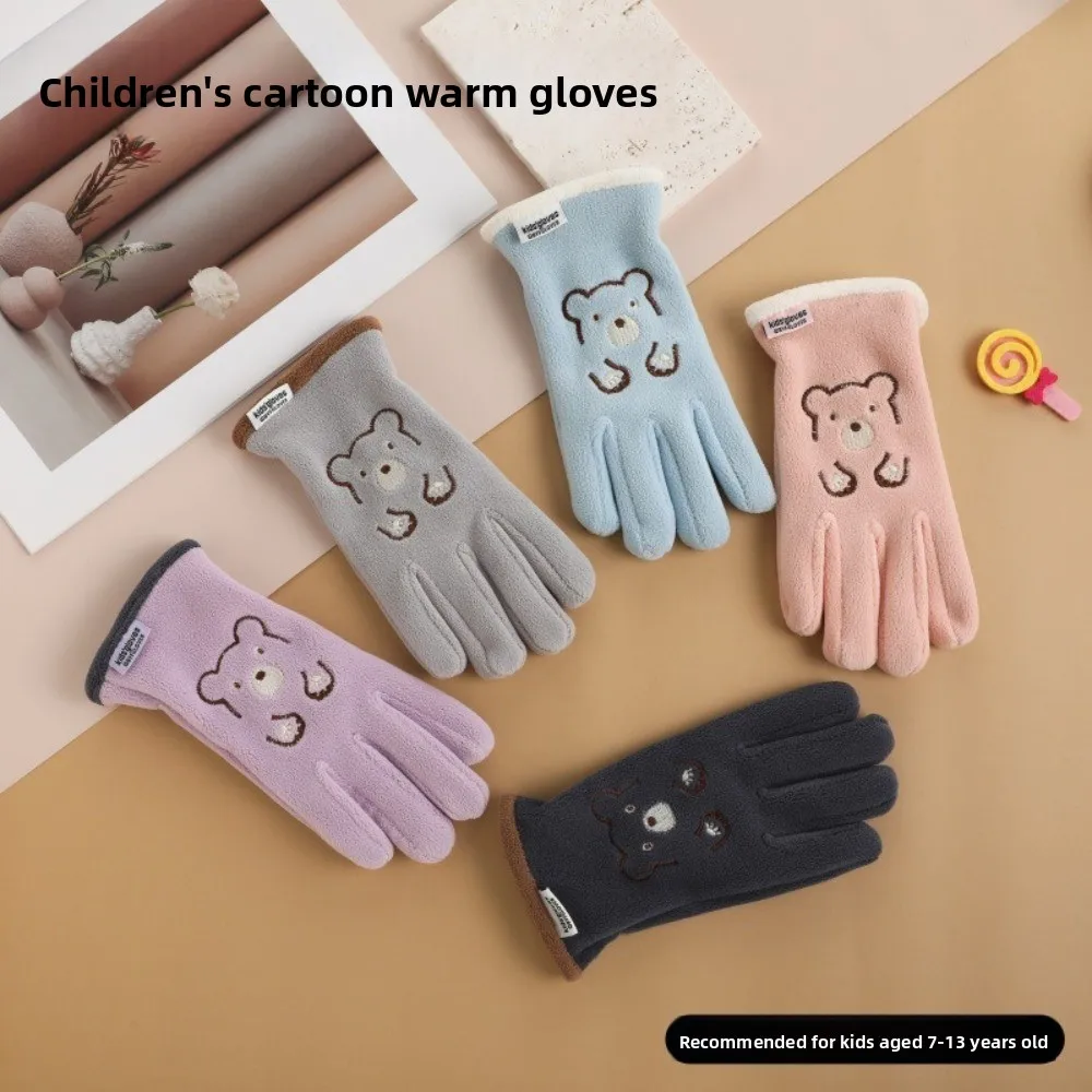 New Cute Bear Ski Gloves Windproof Winter Gloves Coldproof Polar Fleece Cycling Mittens Boys and Girls