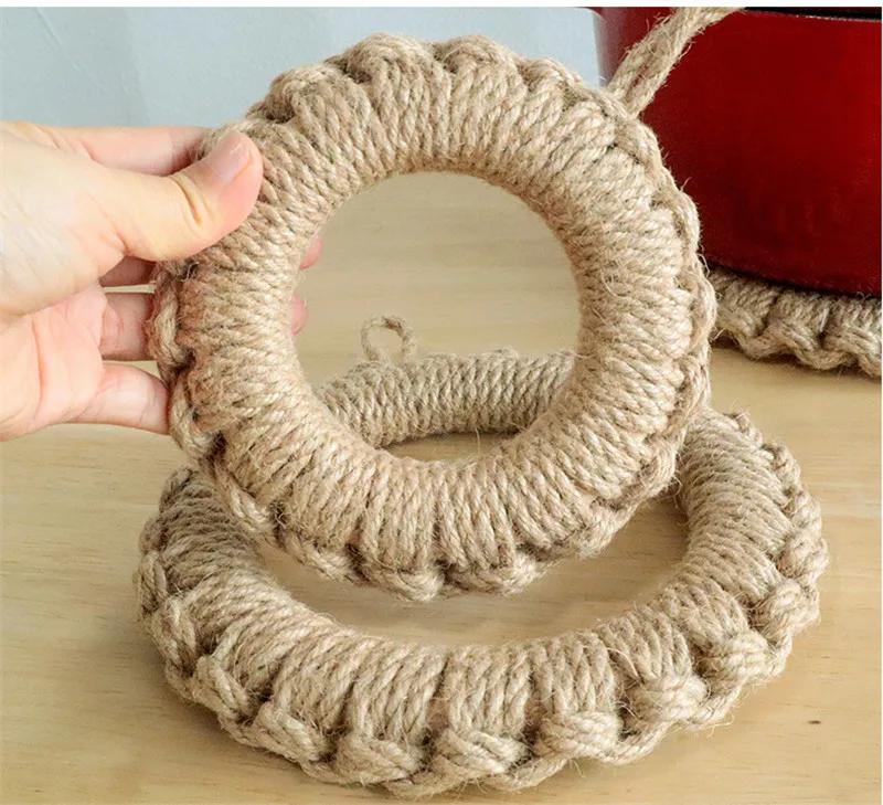 1pc Stroh Leinen Seil gewebt runden Ring Geschirr Matte Tischset Untersetzer Topf platte Pad Home Küchentisch Zubehör – Detail 9