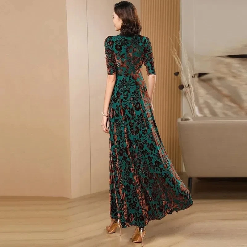 Spring Autumn New Gold Velvet Long Sleeve Dress For Women High