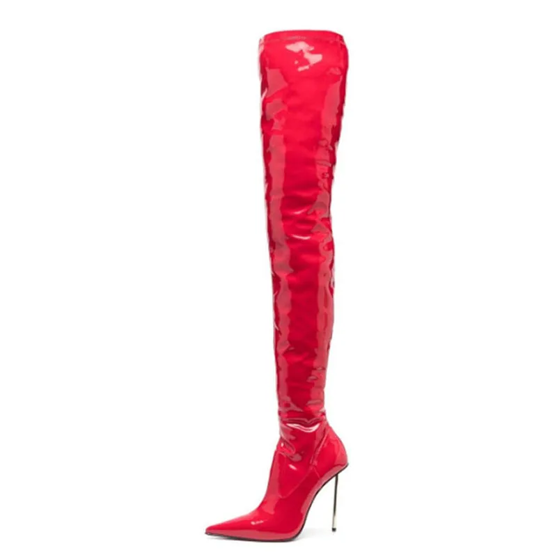 

Sexy Metal Slim Heels Women's Skintight Over Knee Boots Pointed Toe Patent Stiletto Long Booties Thigh High Shoes