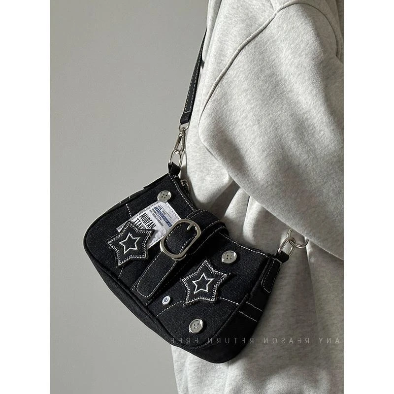 Borsa A Tracolla Donna Y2K In Denim Con Ricamo A Stella E Catena – Stile Gotico Grunge, Mini Borsa 23x13x7 Cm
