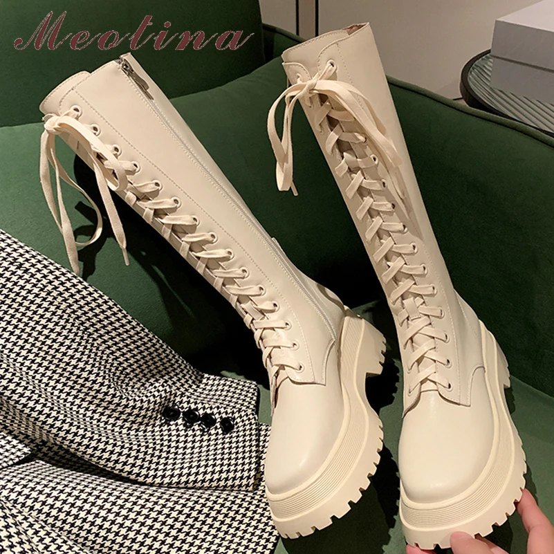 

Meotina Women Genuine Leather Knee High Riding Boots Round Toe Platform Thick Mid Zipper Lace-up Lady Boot Autumn Winter Shoes