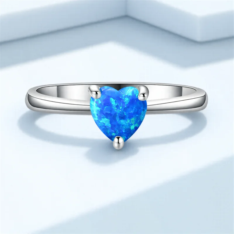 Blue Fire Opal Love Heart Stone Rings For Women Vintage Silver Color Engagement Promise Bands Wedding Jewelry Mother's Day Gifts