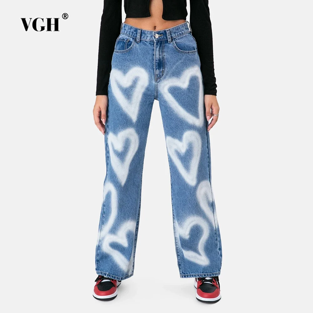 

VGH Hit Color Printing Patchwork Pockets Jeans For Women High Waist Spliced Button Minimalist Loose Wide Leg Pants Female New