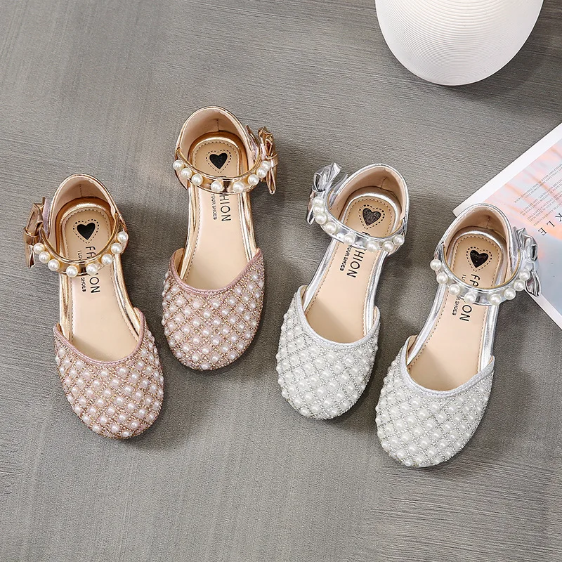 

Children's Pearl Beaded Sandals Soft Bottom Princess Dress Shoes Party Wedding Girls' Dance Shoes Soft Bottom Flats Size 23-36