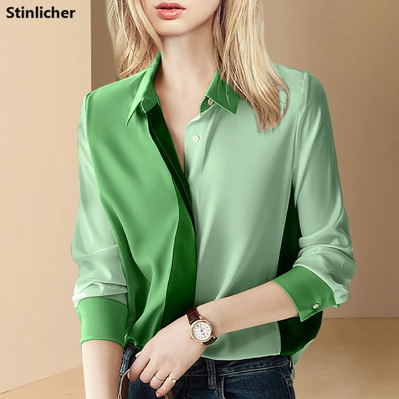 

Gradient Color Women's Shirts Women Blouse Hidden Buttons Green Fashion Office Ladies Long Sleeve Party Work Shirts Female Tops