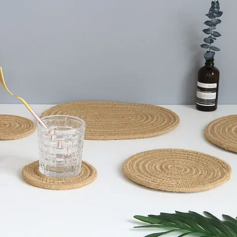 

Hand-woven Jute Round Placemat Non Slip Dining Table Mat Insulation Pad Disc Bowl Pads Pot Holder Coffee Drink Tea Cup Coasters