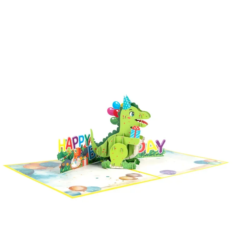 3D Pop up Happy Birthday Card Cartoon Children's Dinosaur Cards Holiday Blessing Paper Carving Gift