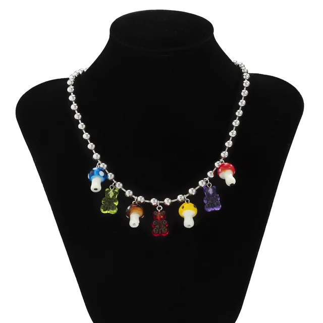 할인 가격으로 최신 패션 아이템! Harajuku Stainless Steel Beads Chain Gummy Bear Necklace for Men Girls Fashion Colorful Mushroom Pendant Necklace Y2K Jewelry