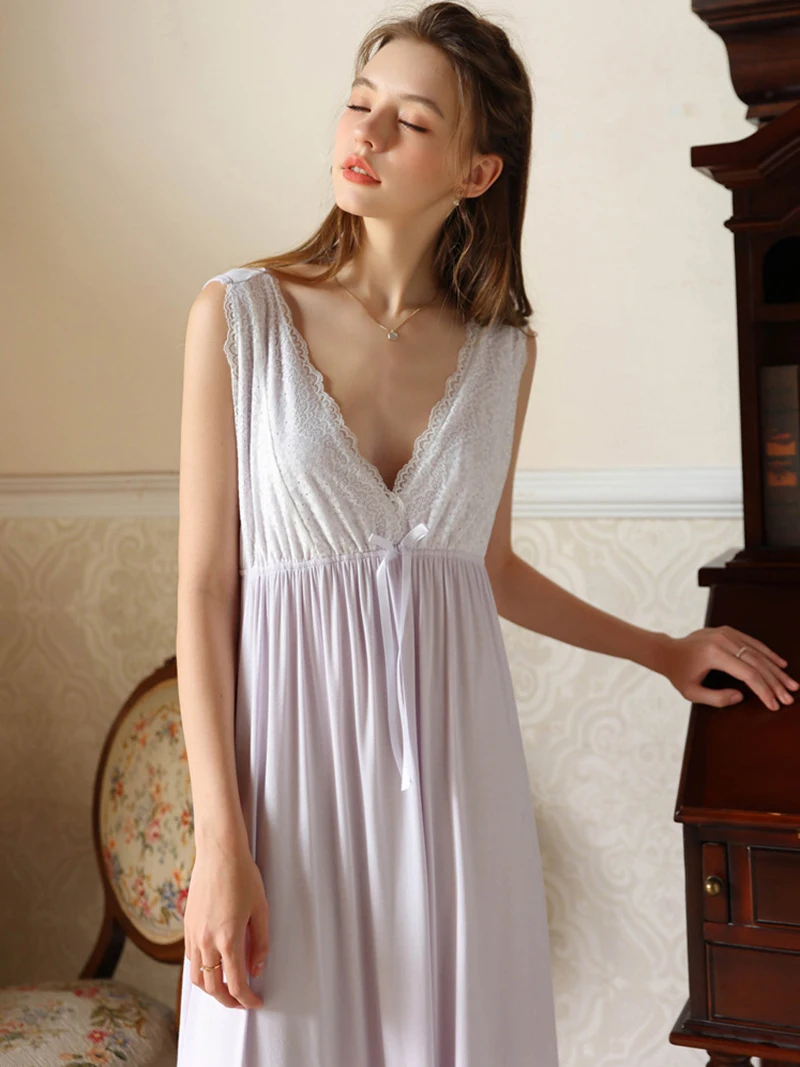 Women Lace V-Neck Sleeveless Backless Fairy Nightgown Vintage Princess Sweet Girl Summer French Pajamas Nightdress Sleepwear