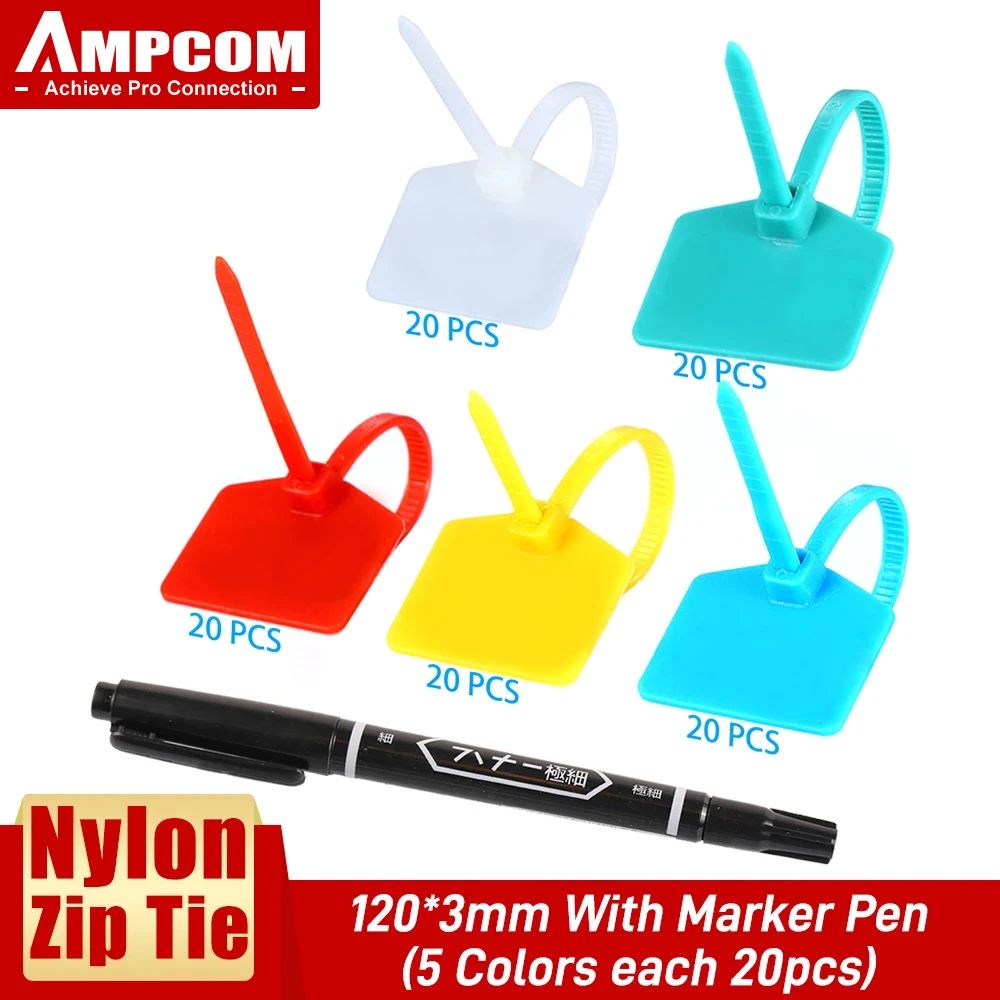 AMPCOM Nylon Cable Zip Ties with Marker Self-Locking Written-on Cable Mark Ties 4.72 in 5 Colors 100PCS