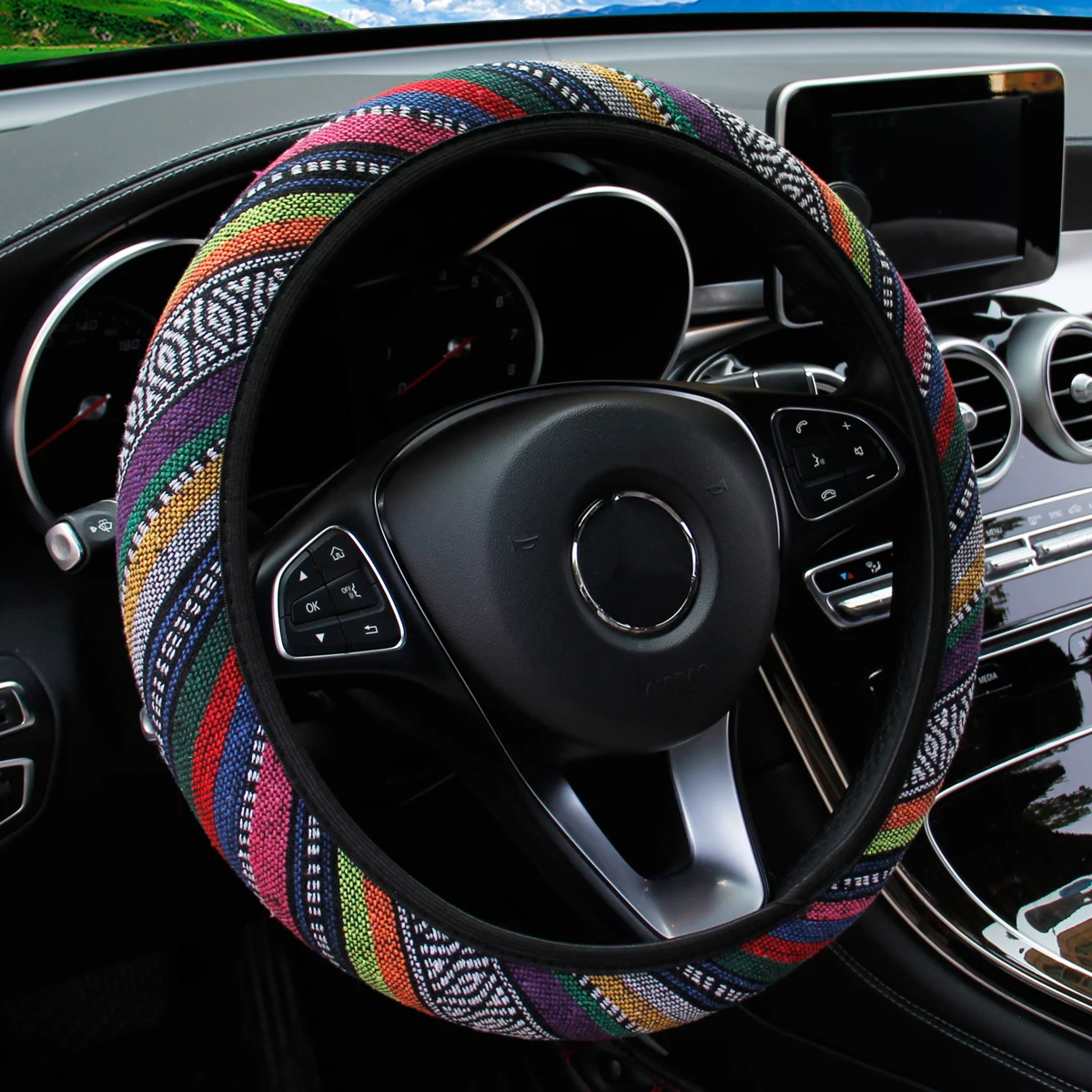 Bohemian-Stil Leinen Atmungsaktiver Rutschfester Auto-Ornament Ohne Innenring Lenkradbezug Passend für 14,5-15 Zoll – Detail 1