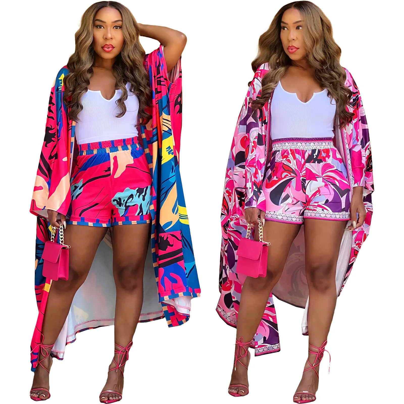 Fashion Printed Two Piece Set Long Sleeve Loose Cardigan Shorts  2 Piece Sets Womens Outfits Summe Clothing Club Party Tracksuit new men s t shirt set 3d fierce lion printed tracksuit t shirt shorts suit men s sportswear t shirt top summer set men clothing