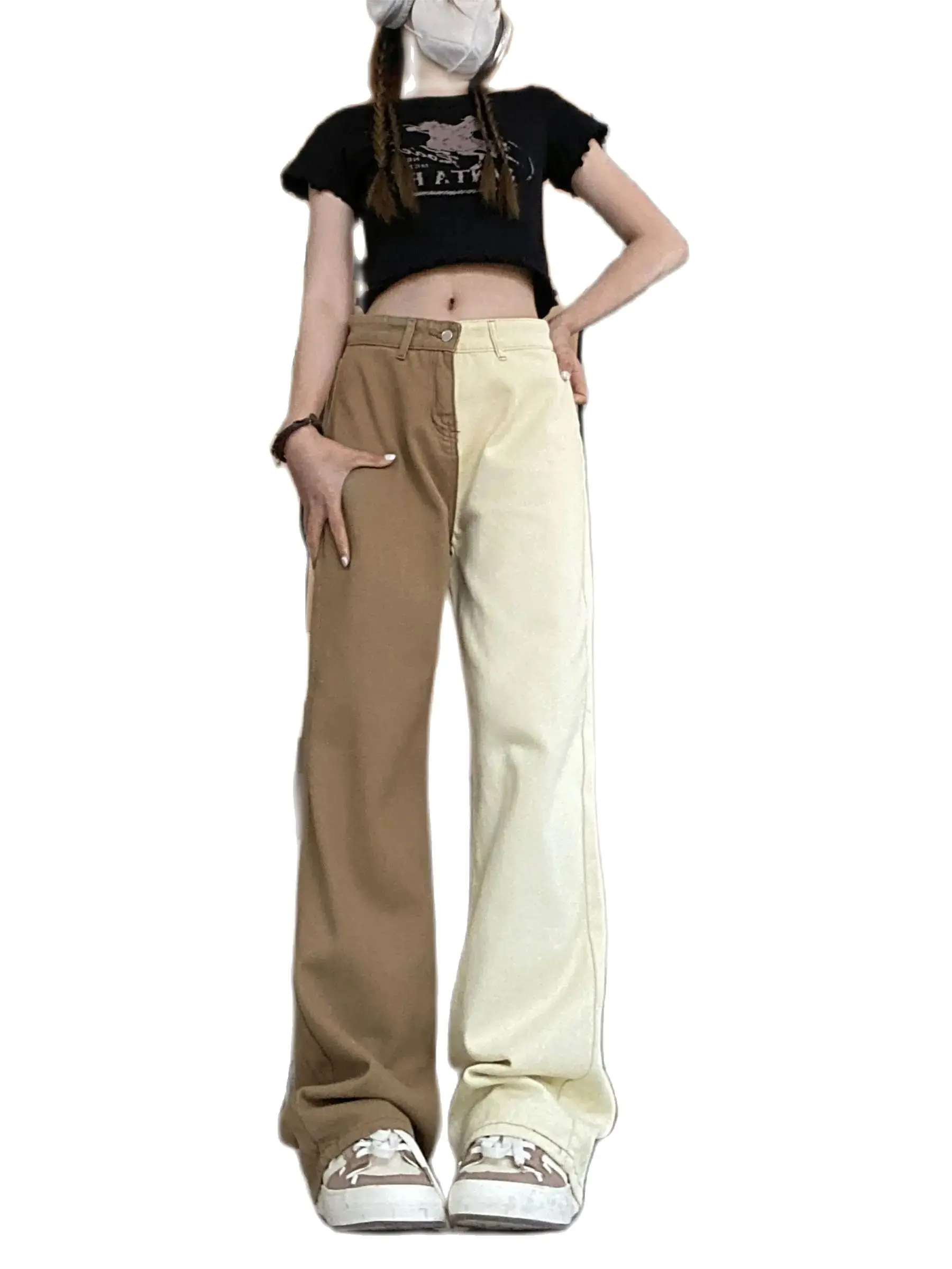 Spliced High Waisted Jeans for Women 2023 New Fashion Vintage Loose Wide Leg Jeans Casual Straight Full Length Pants