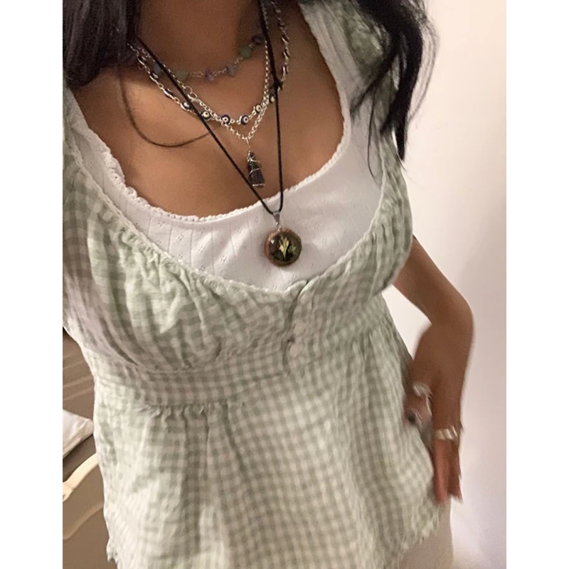 Lamuusaa Coquette Top y2k Women Fairycore Clothes Solid Color/Plaid Print V Neck Short Sleeve Tshirt Sweet Aesthetic Clothing 4