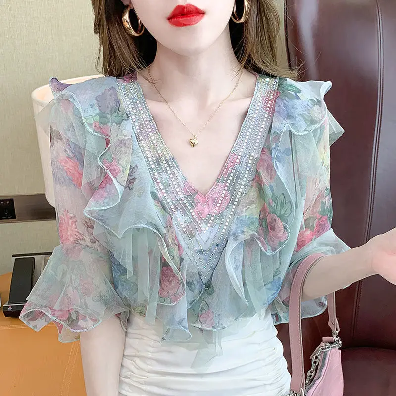 Sweet Elegan Ruffles V-neck Printing Chiffon Blouses New Temperament Designer Shirts Women Chic Diamonds Women's Clothing 2023