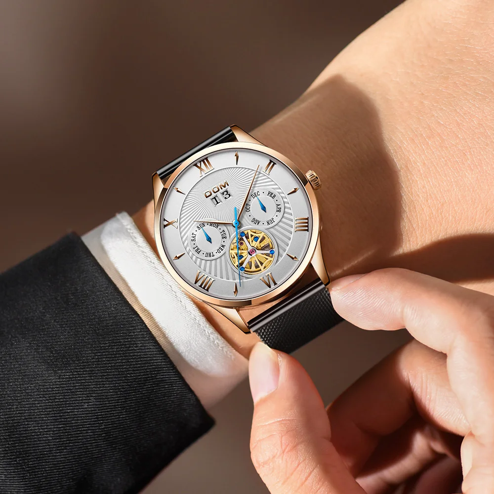 DOM Fashion Mens Watches Top Brand Luxury Skeleton Watch Men Sport Steel Tourbillon Automatic Mechanical Wristwatch M-1272