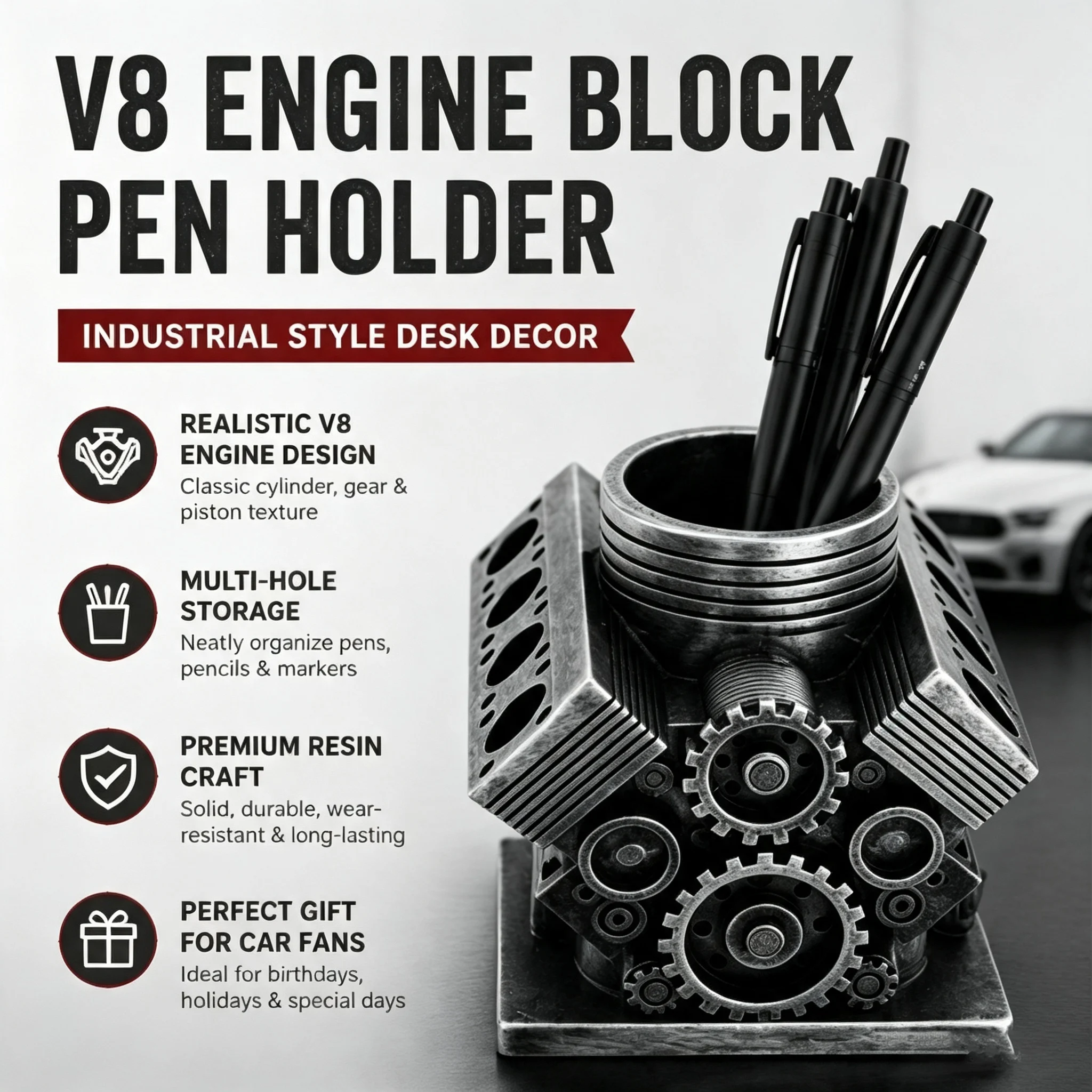 V8 Engine Design Pen Holder - Creative Desktop Stationery Organizer and Decorative Home Office Accent