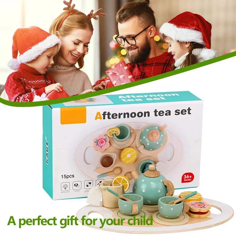Wooden Tea Set Toys Pretend Play Kitchen Accessories for Kids Food Afternoon Tea Role Play Game for Toddlers Girls Boys Gifts 5