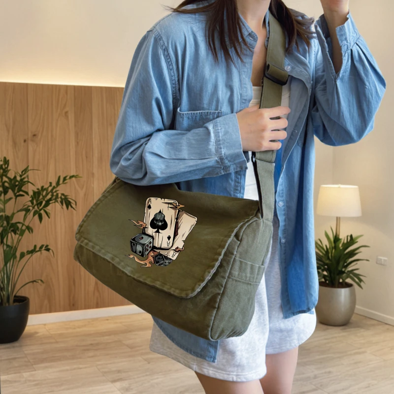 Vintage Men's Shoulder Bag Skull Card Print Large Capacity Crossbody Bag Canvas for Daily Messenger Bag