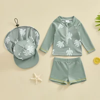 Cute Children Boys Rash Guard Swimwear Kids Bathing Suit Summer Long Sleeve Turtle Print T-shirt with Shorts and Hat Swimwear 2