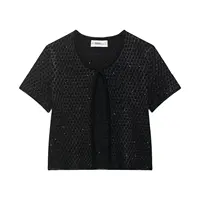 Zevity Women Fashion O Neck Short Sleeve Sequined Design Knitted Sweater Female Chic Open Stitching Crop Coats Chic Tops CT9378 - Image 2