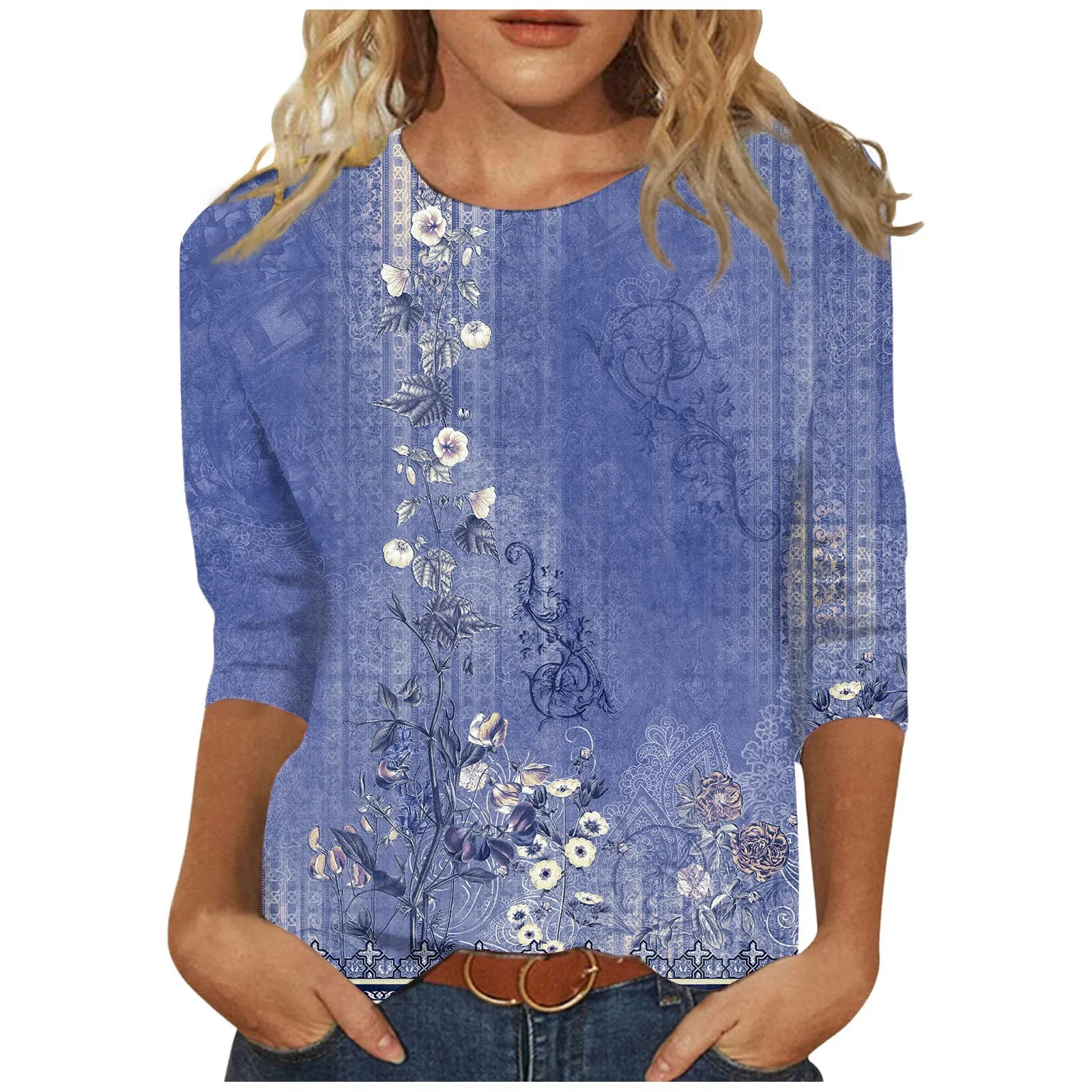 

Top Women 3/4 Sleeve Shirts For Women Cute Print Graphic Tees Blouses Casual Plus Size Basic Tops Pullover топ женский летний