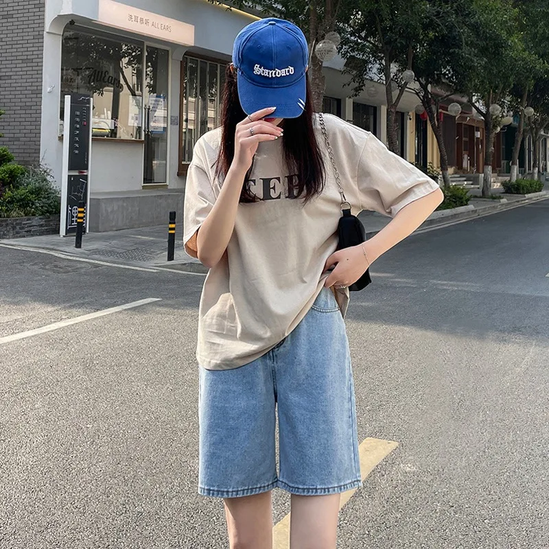 여성용 하이 웨이스트 청바지, 데님 반바지, 레트로 와이드 레그, 헐렁한 스트리트웨어, 워싱 데님 바지, 그런지 베이직 슬루시 블루 반바지, 2024