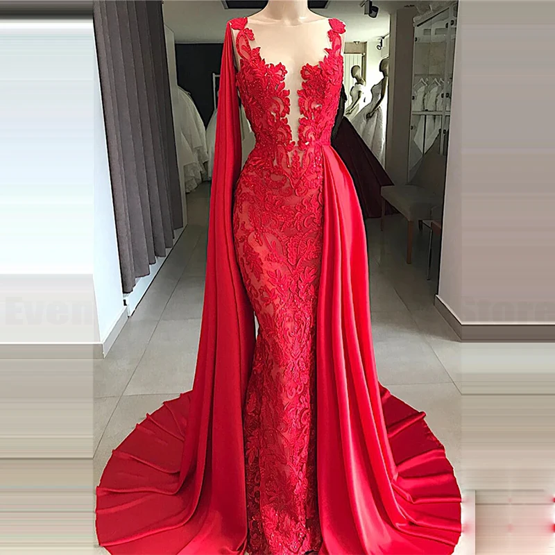 

Red Women's Sexy V-neck Evening Dresses Lace Decal Prom Gowns Formal Wedding Beach Party Fashion Celebrity 2023 Long Sleeve Robe