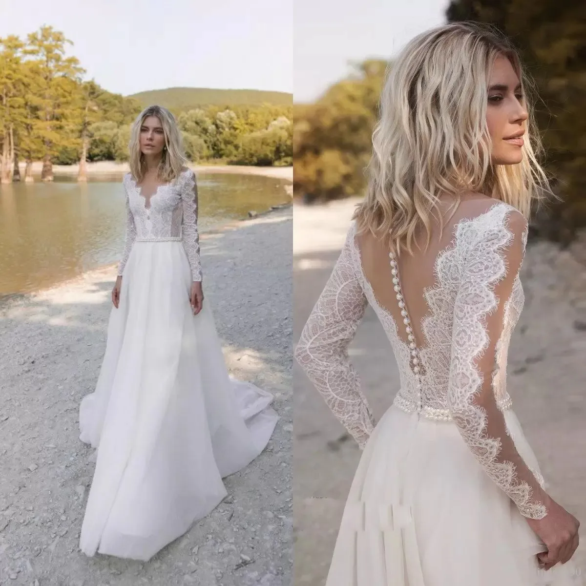 

2023 Country Bohemian Wedding Dresses A Line Sheer V Neck Long Sleeves Lace Appliques Pearls Tulle Bridal Gowns Sweep Train