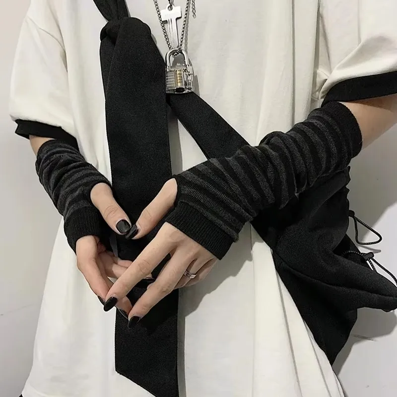Fingerless Gloves Warm Gloves Fingerless Compression Gloves Fashion Classic Gothic Striped Knitted Long Gloves Fingerless Oversleeve for Women Female Stretch Winter Arm Warmer Gloves