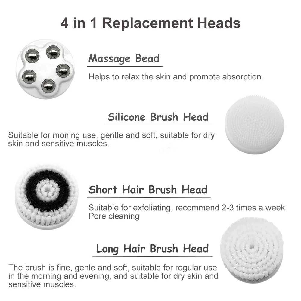 페이셜 클렌징 브러시용 교체 헤드, 음파 방수 얼굴 청소 도구, 모공 클리너, 페이셜 스킨 머신, 베이스 포함, 4 개