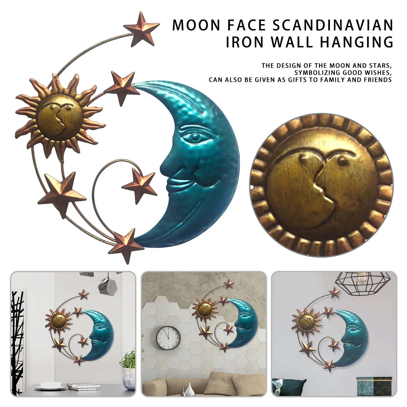 Sun Moon Star Face Wall Hanging Sculpture Sun Face Metal Wall Art Decor Indoor Outdoor Wall Decor Metal Hanging Wall Patio Decor