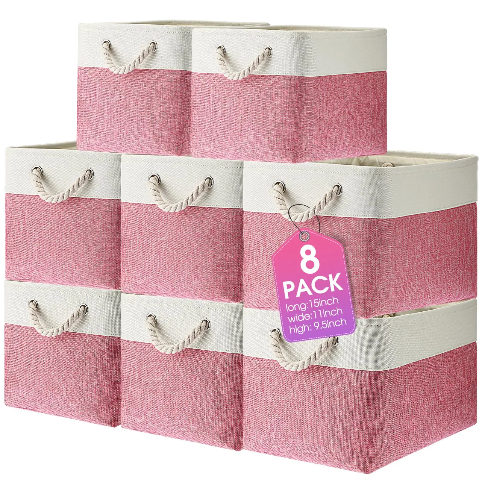 

Collapsible Storage Bins - 8 Pack with Handles, Linen Organizer for Home Toys, Pink White, 15 x 11 x 9.5 In