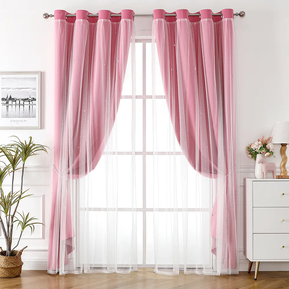 

vip customized curtains without punching double-layer hollow stars finished curtains gauze curtains blackout cloth