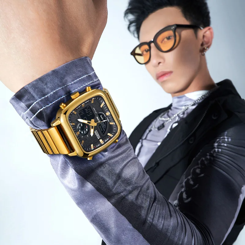 Fashion Luxury Men's Square Quartz Watches Unique Design Stainless Steel Clocks Multifunctional Electronic Man Wristwatches 2024