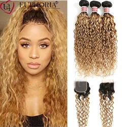 Ombre Blonde Water Wave Brazilian Remy Human Hair Bundles With 4x4 Lace Closure 1b/27 3 Bundles With Closure Euphoria