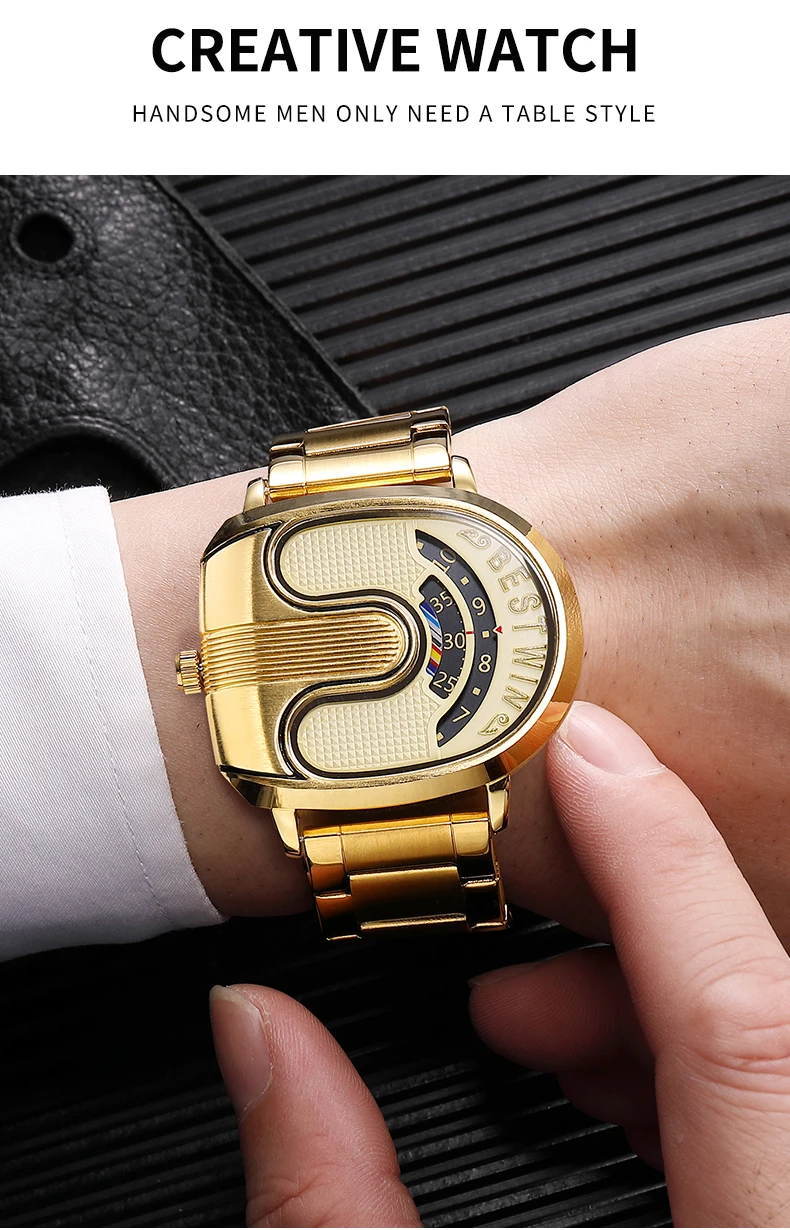 Creative Large Dial Personality Watches for Men BESTWIN Gold U-Shape Fashion Mens Watch Trend Reloj Hombre Lujo Alta Gama 2024