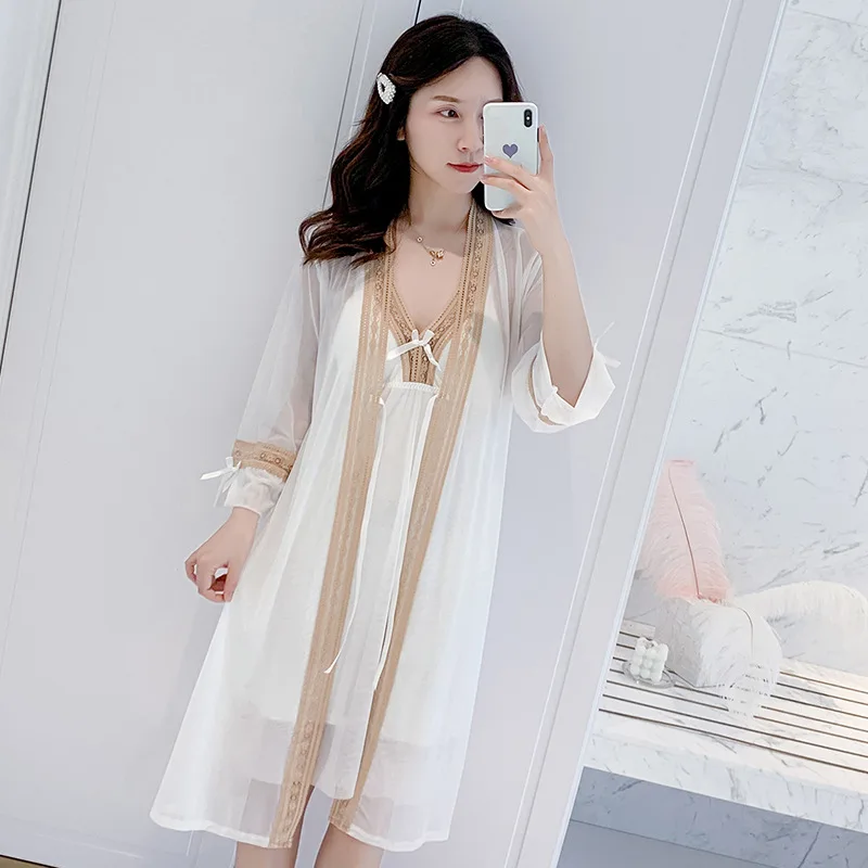 The new mesh midi skirt is a homely style with a champagne-colored lace two-piece nightdress with chest pads