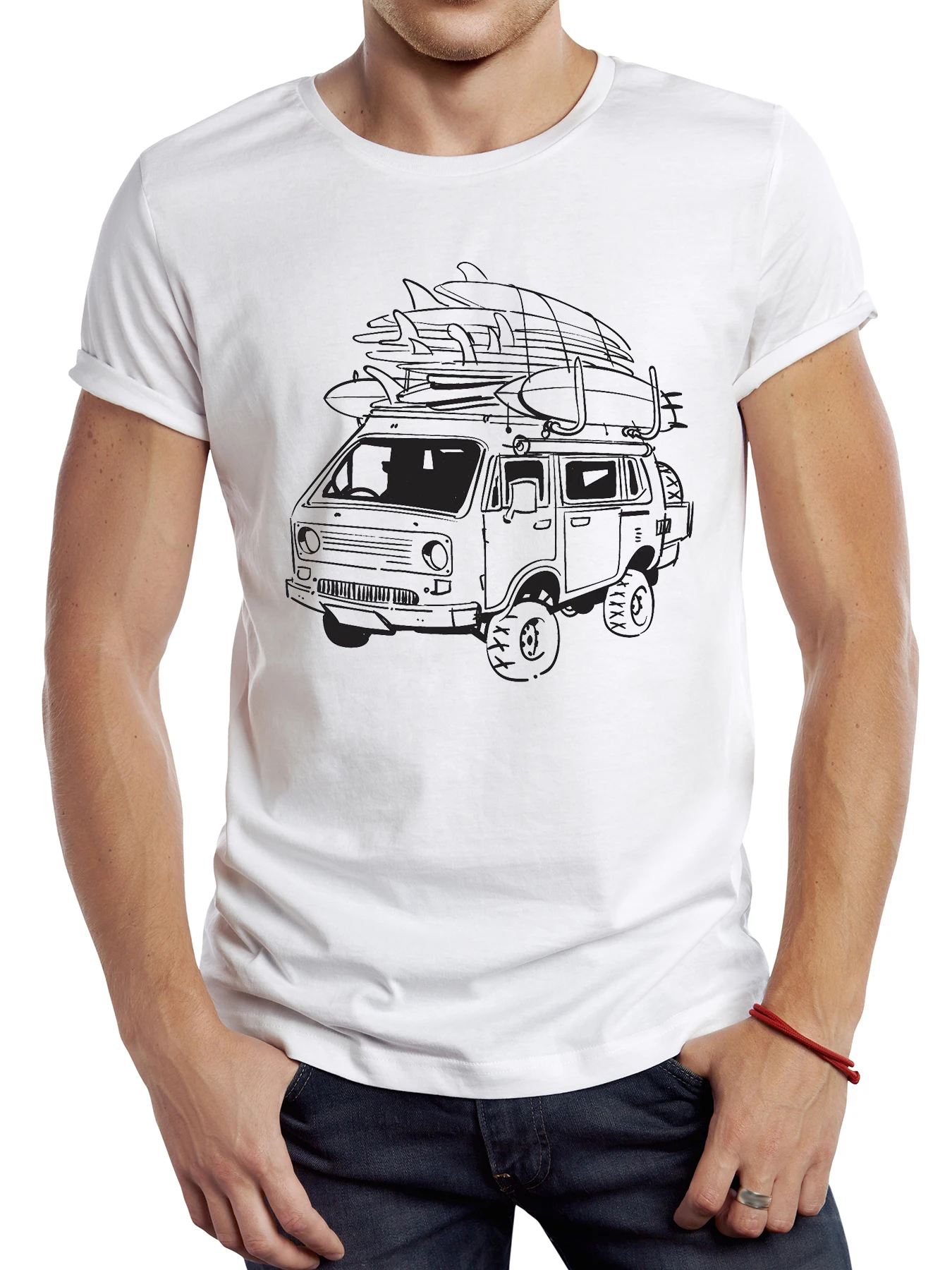Teehub Vintage Surfbrett auf Camper Van Männer T-Shirt Grafik Stoff lässig männliche Tops Hipster Retro Camping Bus gedruckt T-Shirt