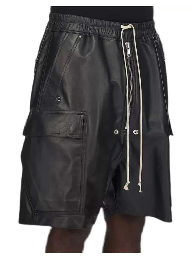 Mauroicardi Summer Cool Handsome Casual Soft Black Pu Leather Straight Shorts for Men Elastic Waist Drawstring Clothes 2023