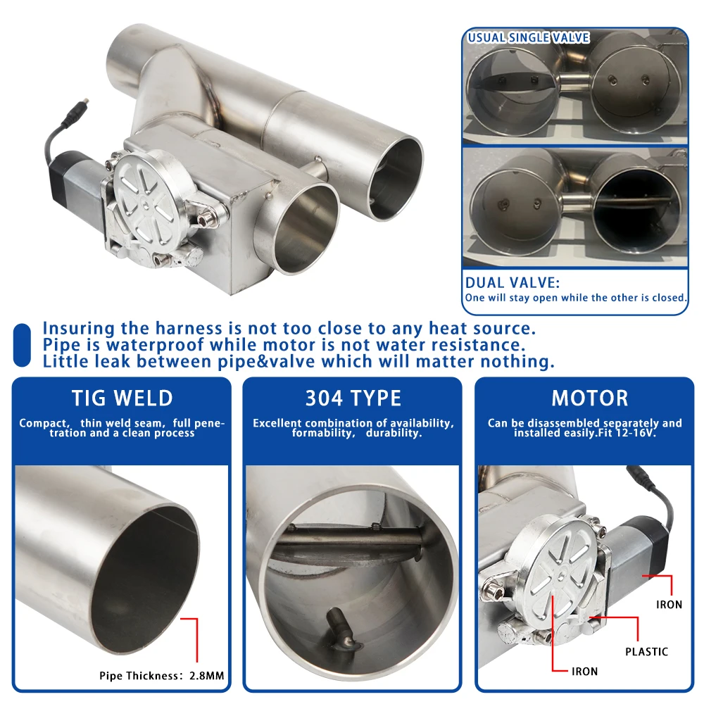2.5 Inch OR 3 inch Electric Exhaust Cutout Valve Stainless Steel Dual Exhaust Y Pipe with Controller Kit TP-1028