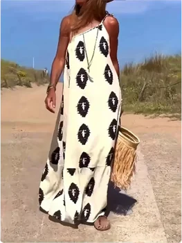 Abito da donna senza maniche con spalla inclinata Abito ampio stampato bohémien Abiti da festa sexy estivi 1