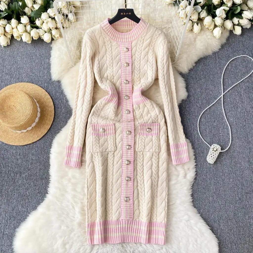 

Knitted dress autumn dress color stripes narrow thin long-sleeved base twist dress women