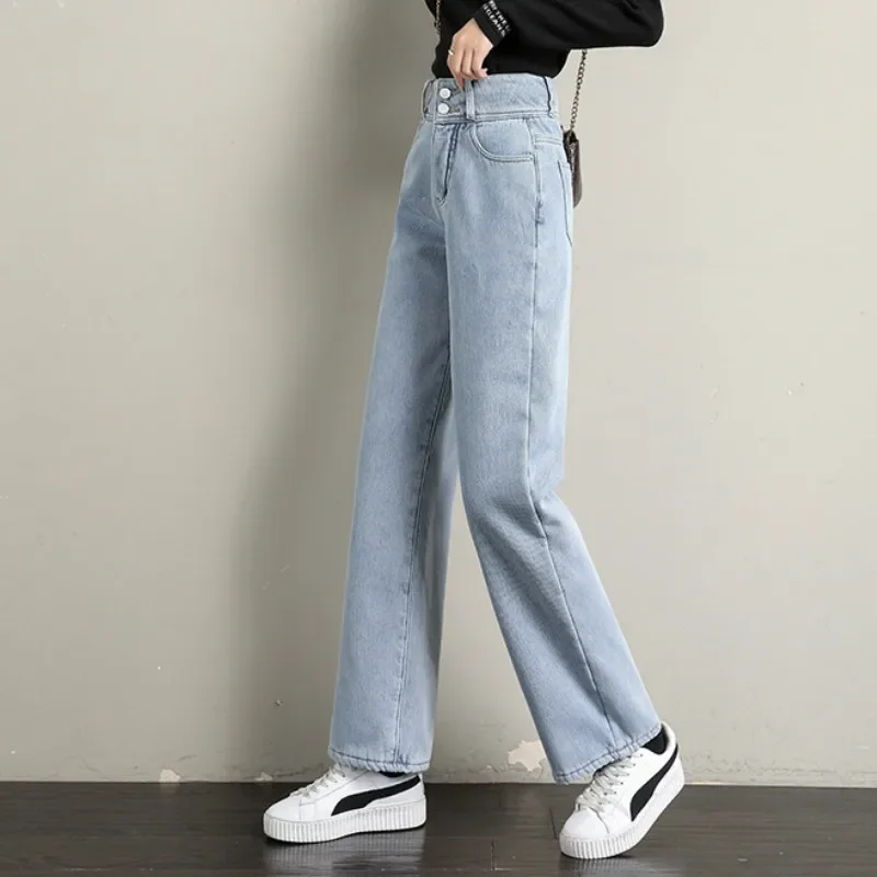 

Thick Velvet Mopping Jeans New Winter Women Fashion High Waist Wide Leg Skinny Pants Casual Warm Long Denim Trousers 3 Colors