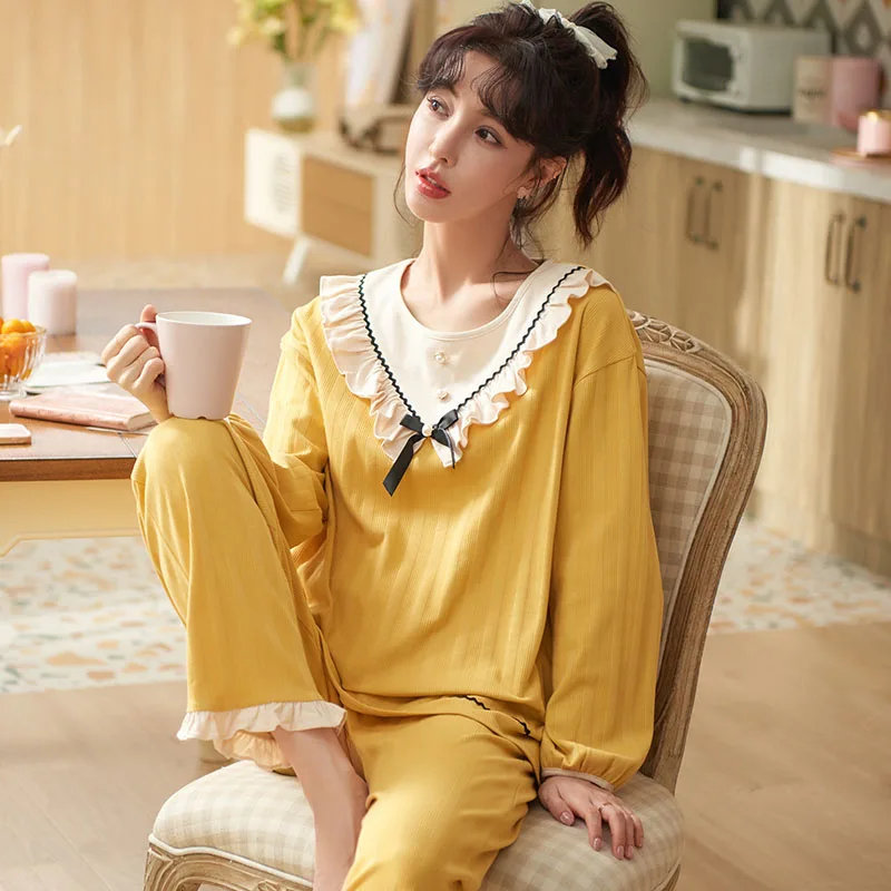 

Autumn knitted cotton pajamas women pit strip princess style sweet and cute double long ladies pajamas 2-piece home service